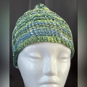 Green/Blue/White/Yellow Hand Crocheted Stretch Hat